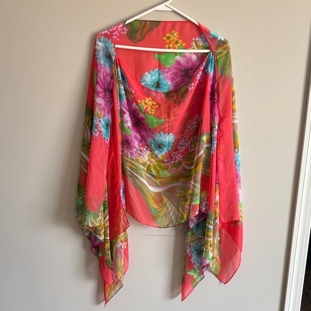 Floral Sheer Coral Shawl with Blue & Purple Blooms
